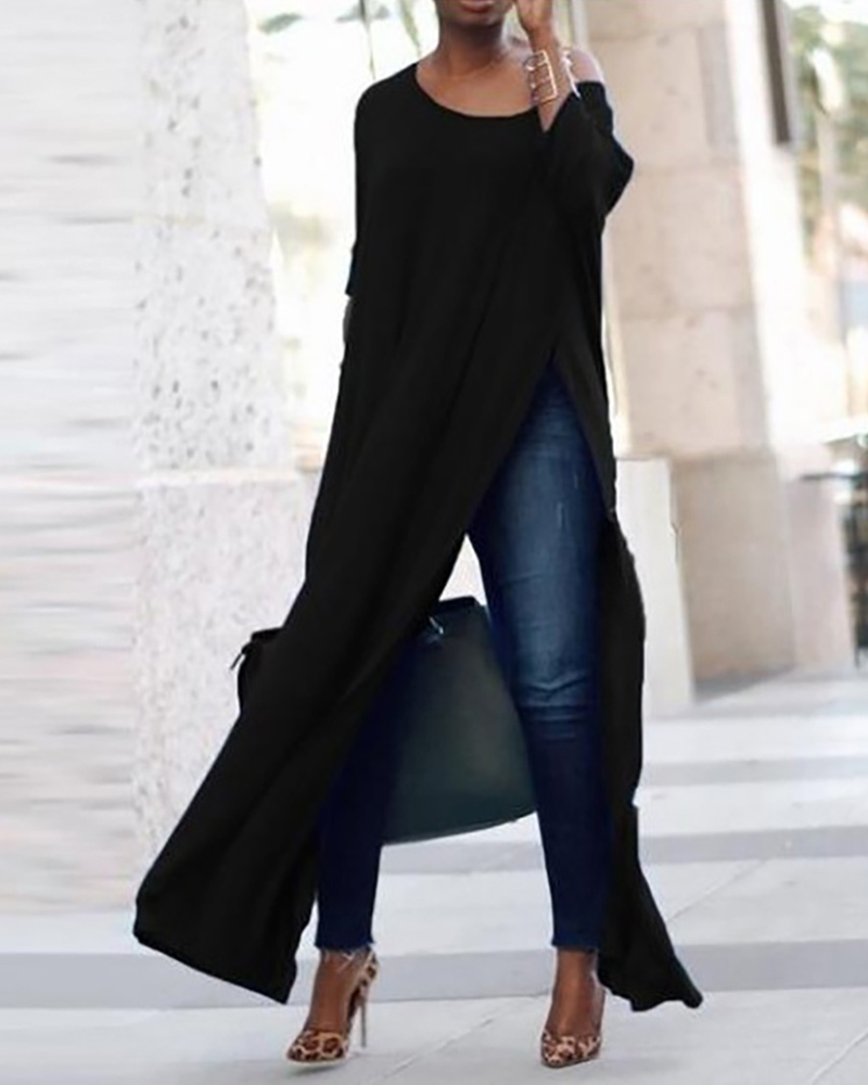 

Round Neck Long Sleeve High Slit Maxi Dress, Black