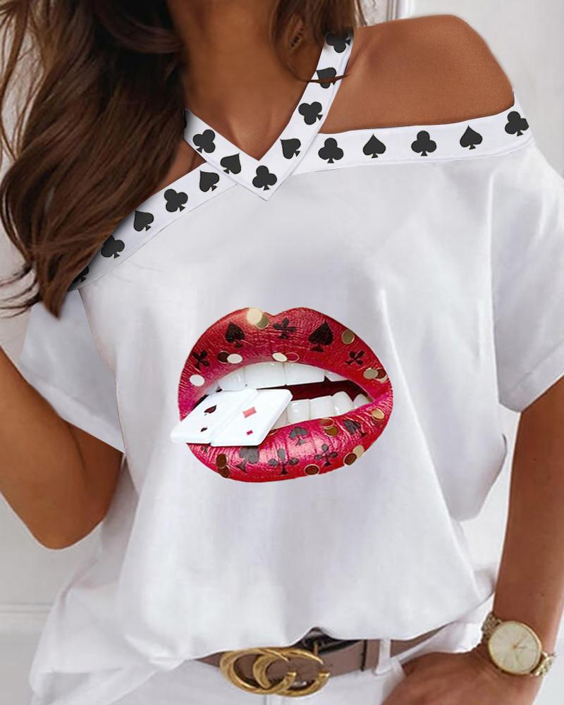 

V-neck Halter Cutout Butterfly Print T-shirt, White