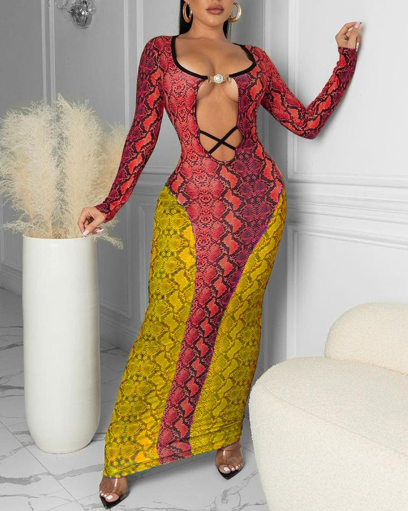 

Snakeskin Print Plunge Long Sleeve Maxi Dress, Red