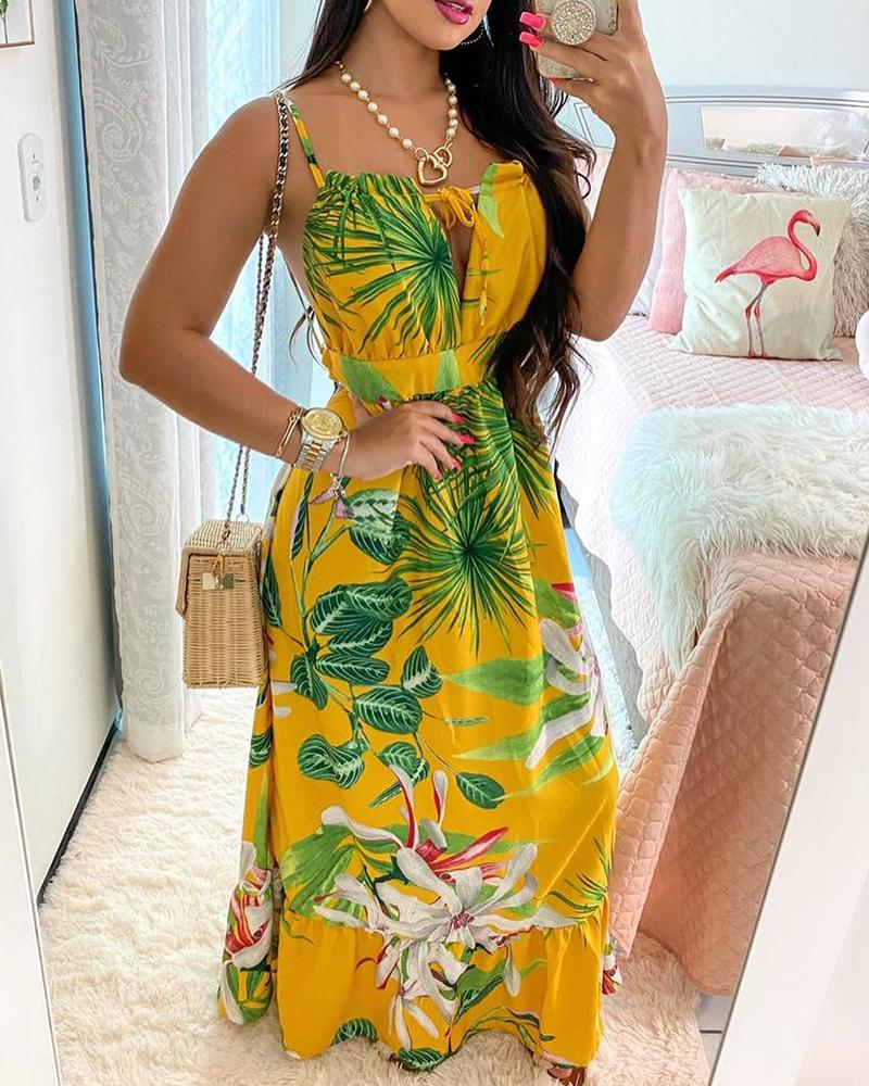 

O-Ring Backless Tied Detail Tropical Print Maxi Dress, Yellow
