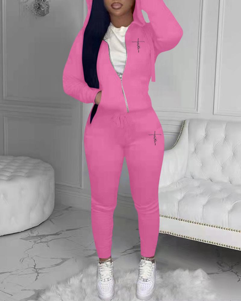 

Zipper Pocket Design Letter Print Hoodie & Drawstring Pants Set, Pink