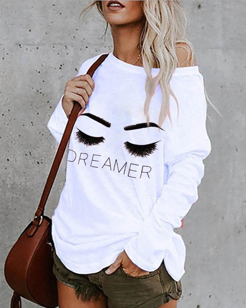

Eyes Letter Print Long Sleeve Casual Top, White