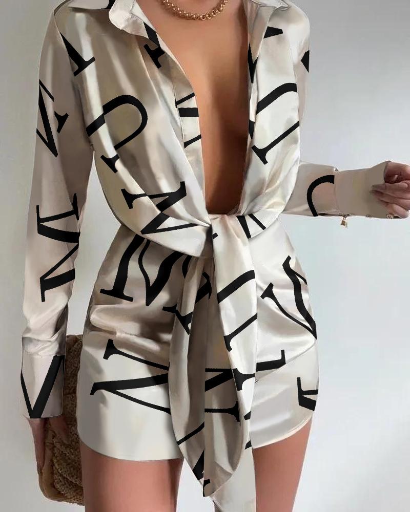 

Letter Print Tied Detail Long Sleeve Shirt Dress, Apricot