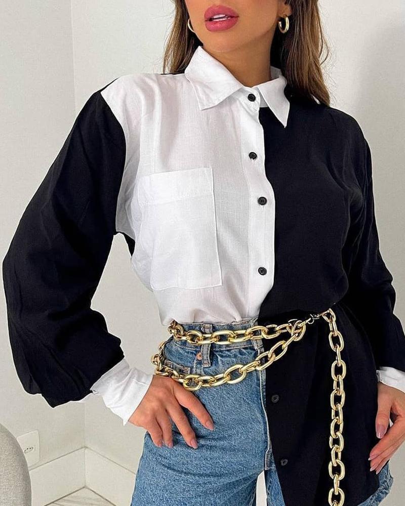 

Colorblock Button Front Lantern Sleeve Shirt, Black&white