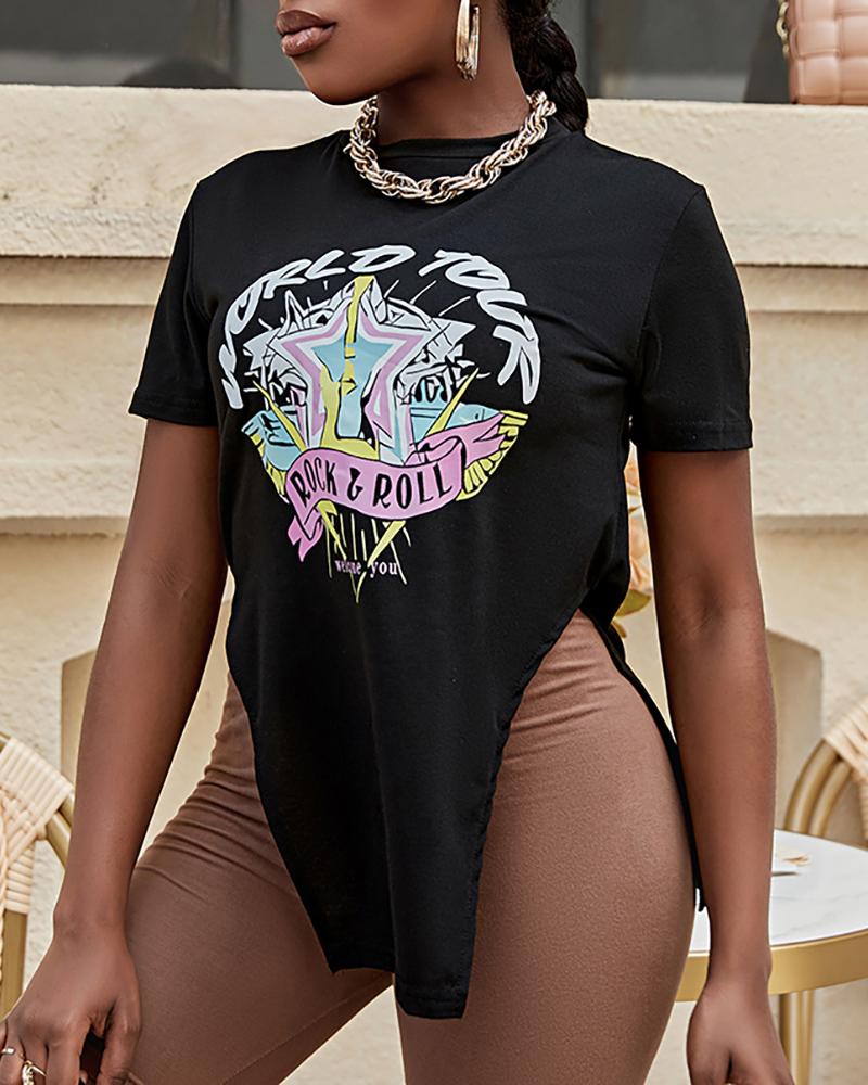 

Letter Star Print Split Hem T-shirt, Black