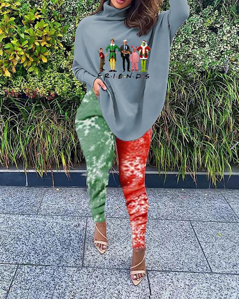 

Christmas Letter Graphic Print Top & Colorblock Pants Set, Gray