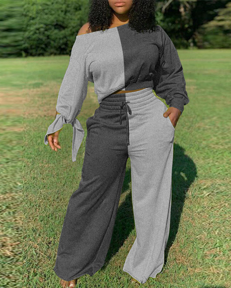 

Colorblock Knot Cuff Crop Top & Wide Leg Pants Set, Gray
