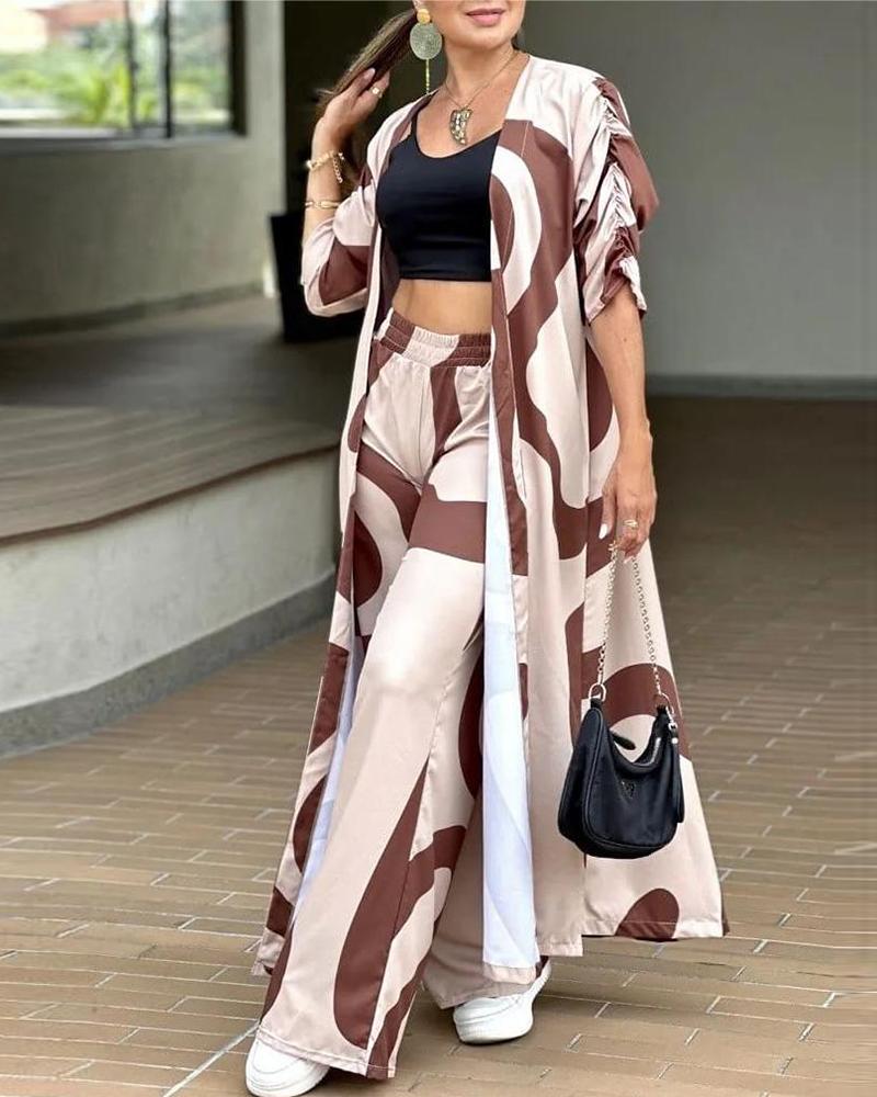 

Abstract Print Open Front Longline Coat & Pants Set, Apricot