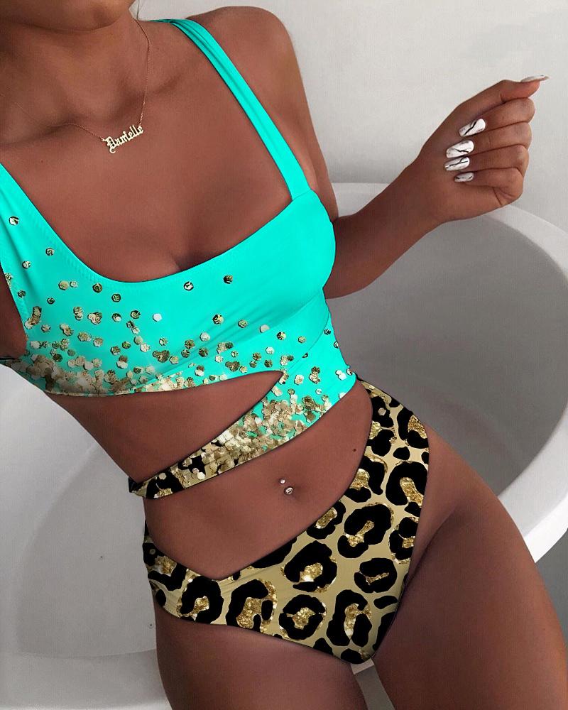 

Contrast Leopard Print Cutout One Piece Swimsuit, Multicolor