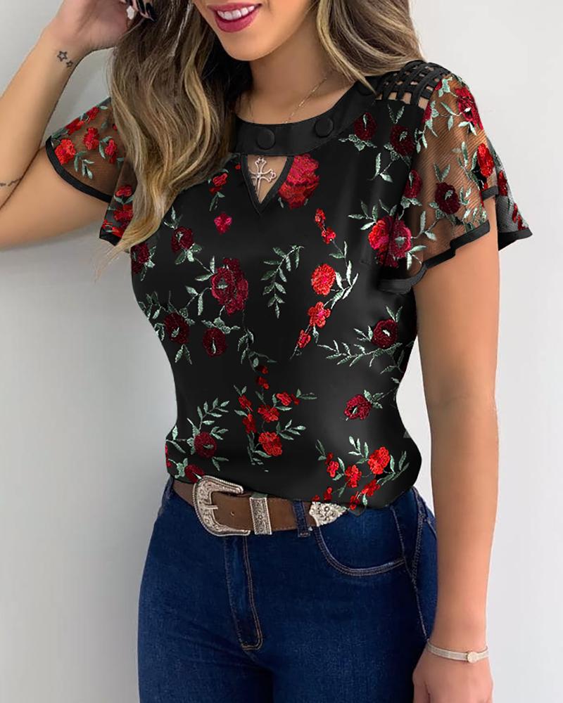 

Floral Embroidery Sheer Mesh Flutter Sleeve Casual Blouse, Black