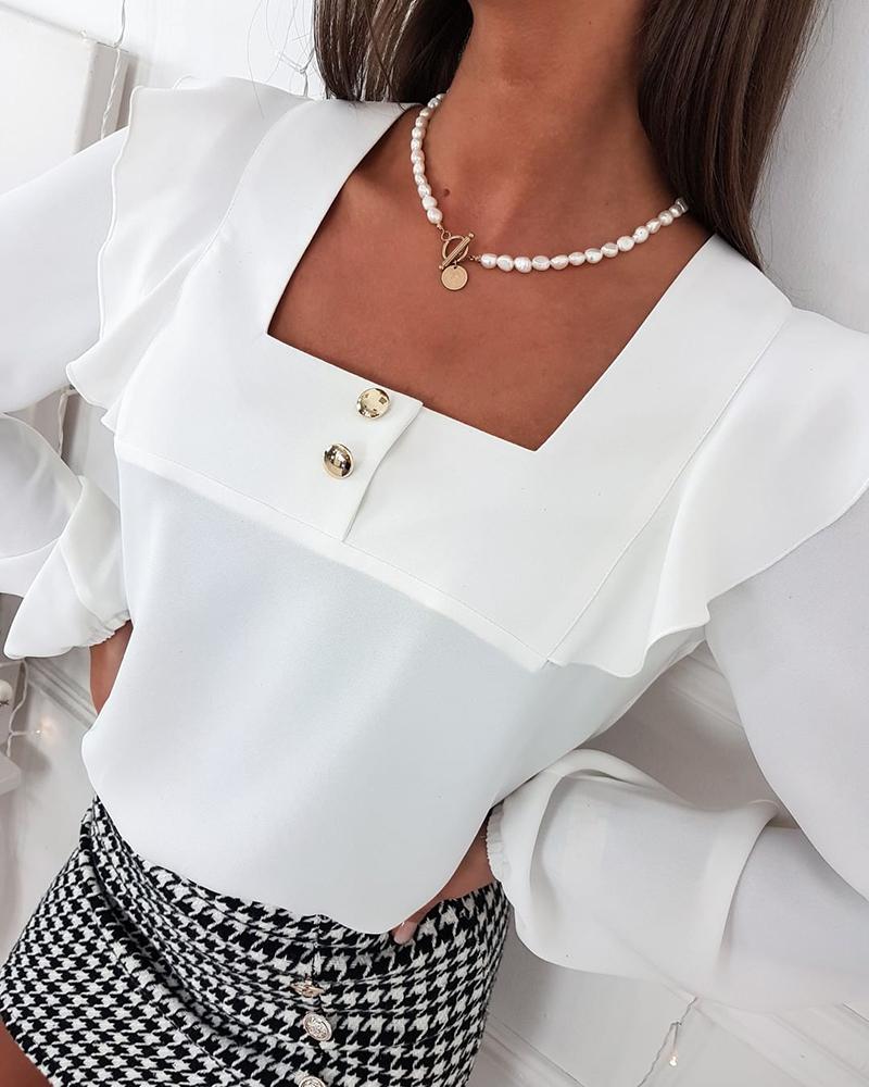 

Square Neck Buttoned Ruffles Top, White