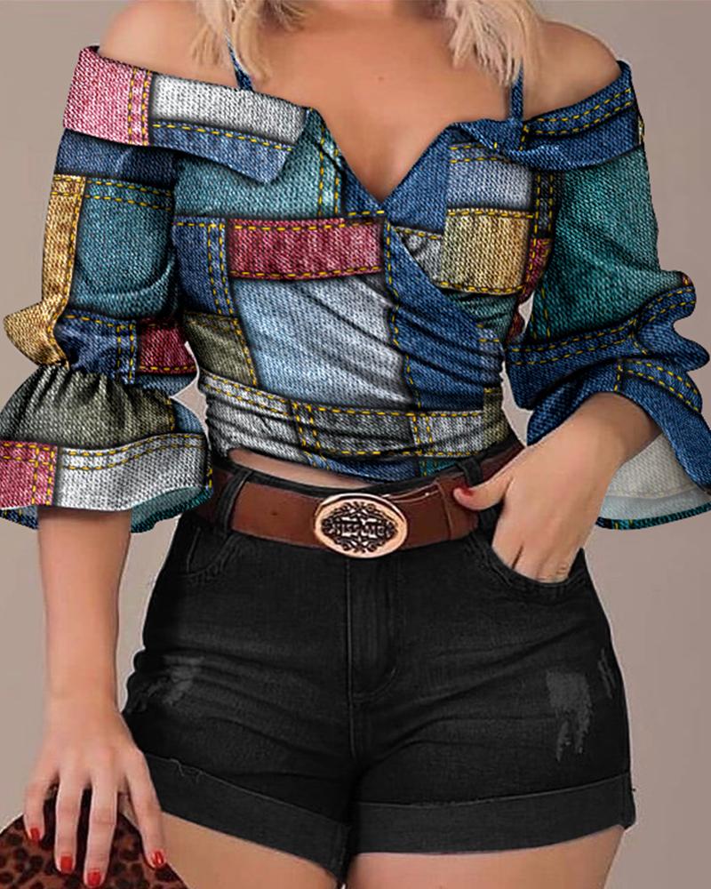 

Denim Look Print Bell Sleeve Cold Shoulder Top, Multicolor