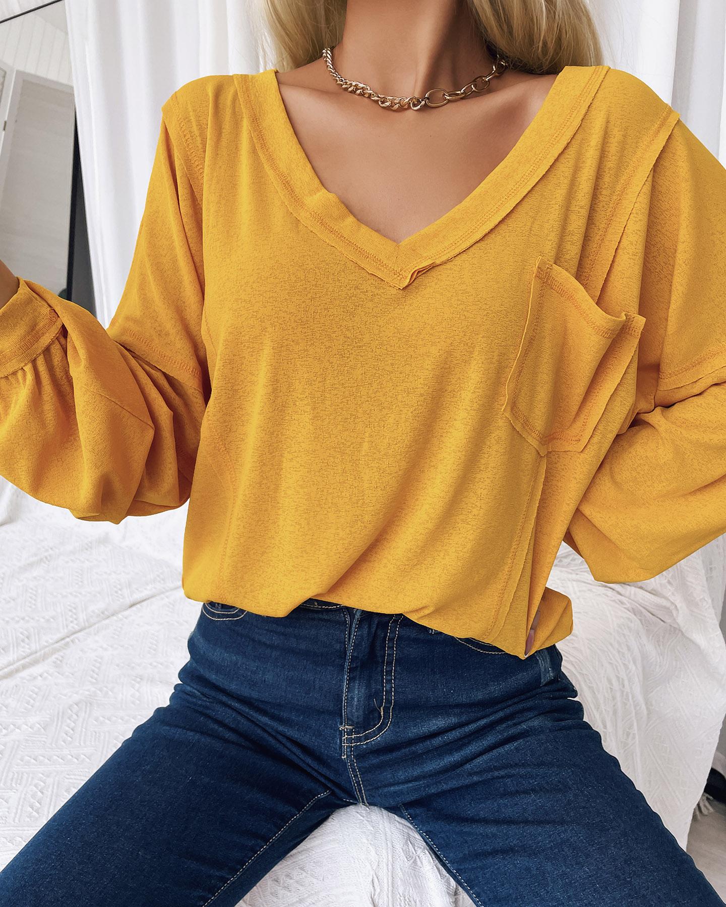 

Lantern Sleeve Pocket Design V Neck Sweater, Orange