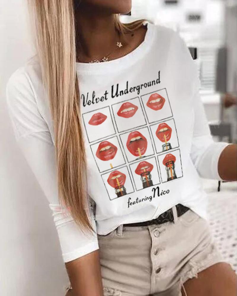 

Lip Print Round Neck Long Sleeve T-shirt, White