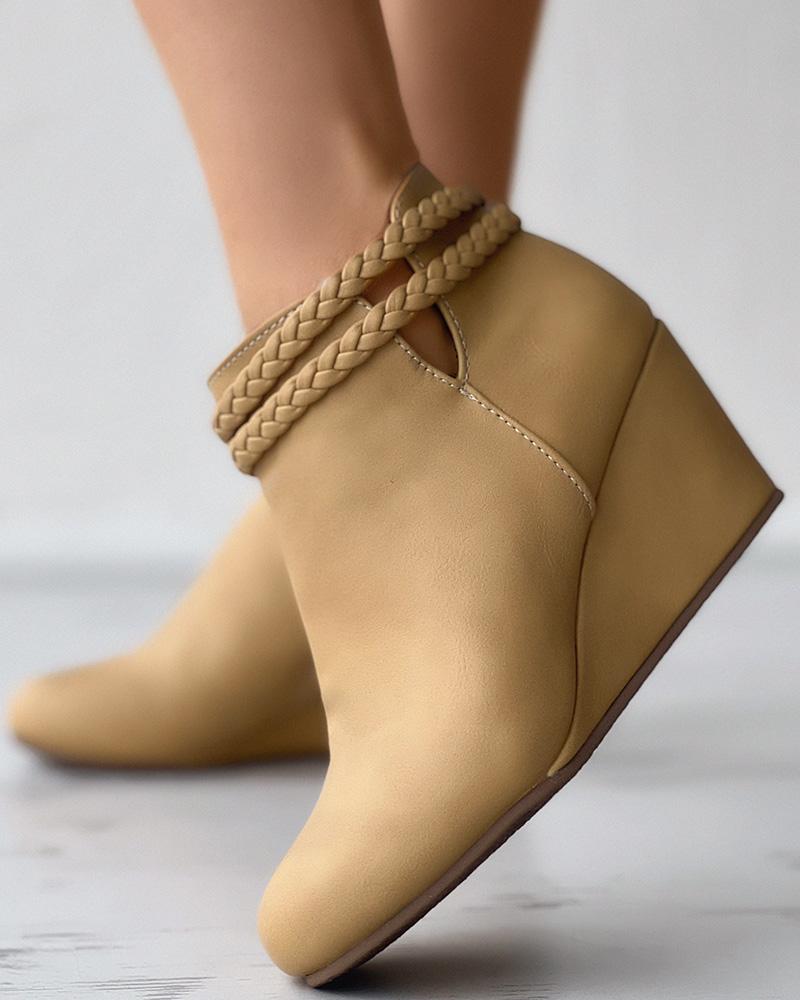 

Round Toe Braided Wedge Boots, Khaki