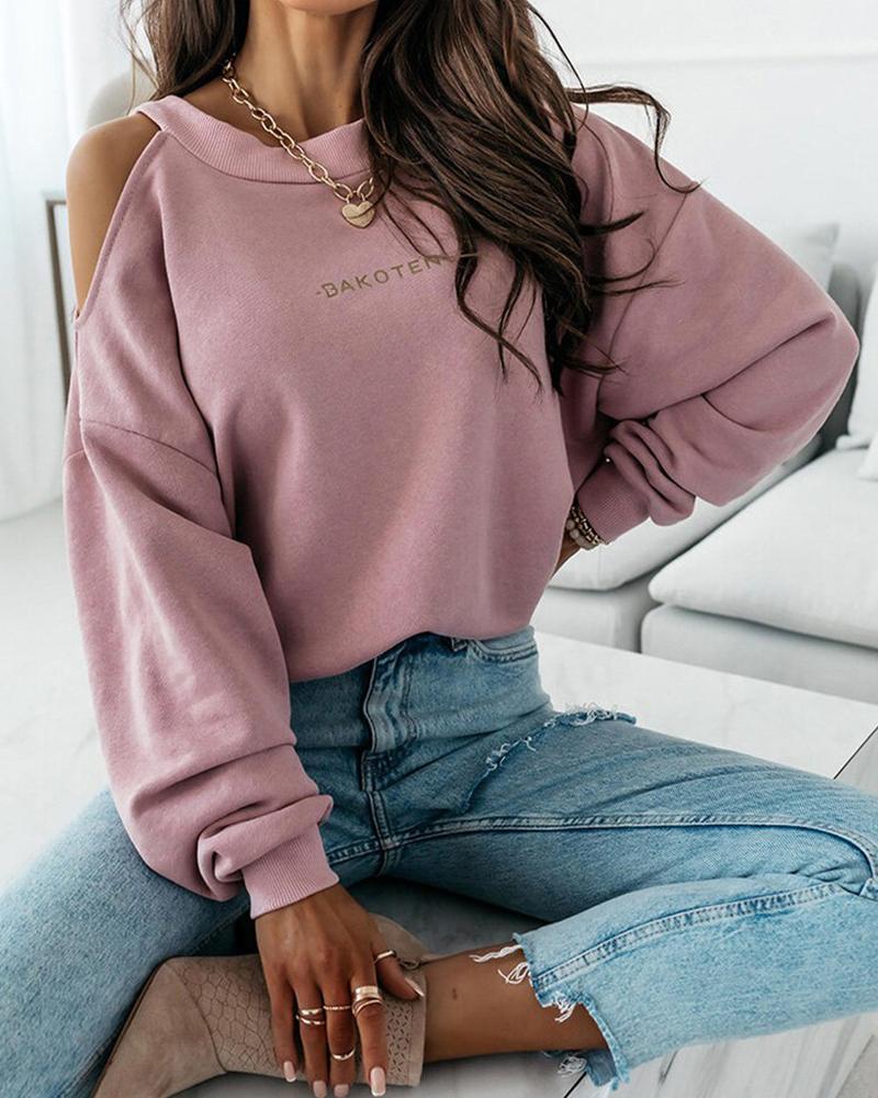 

Letter Print Cold Shoulder Sweatshirt, Pink