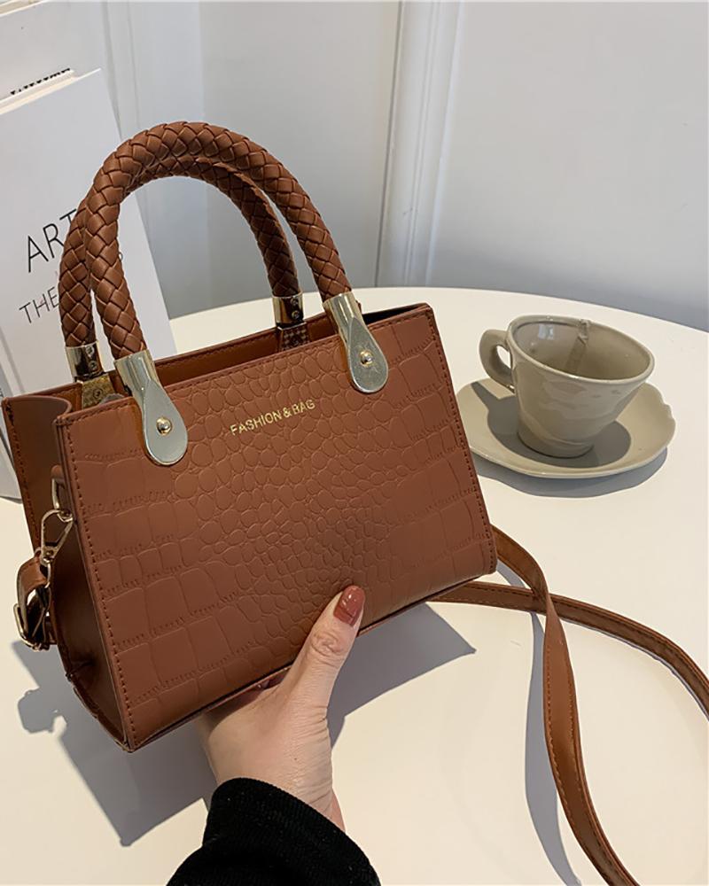 

Braided Strap Crocodile Square Crossbody Bag, Brown