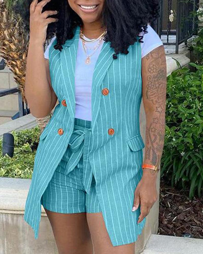 

Striped Print Double Breasted Vest Blazer & Shorts Set, Blue