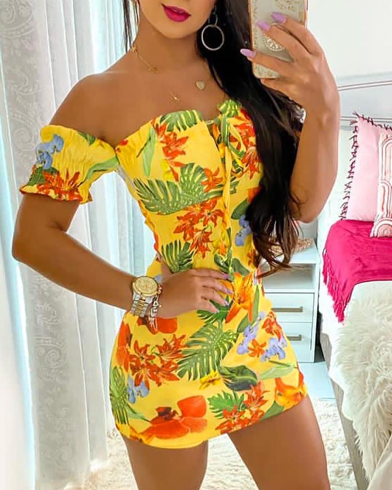 

Tropical Print Off Shoulder Frill Hem Tied Detail Dress, Yellow