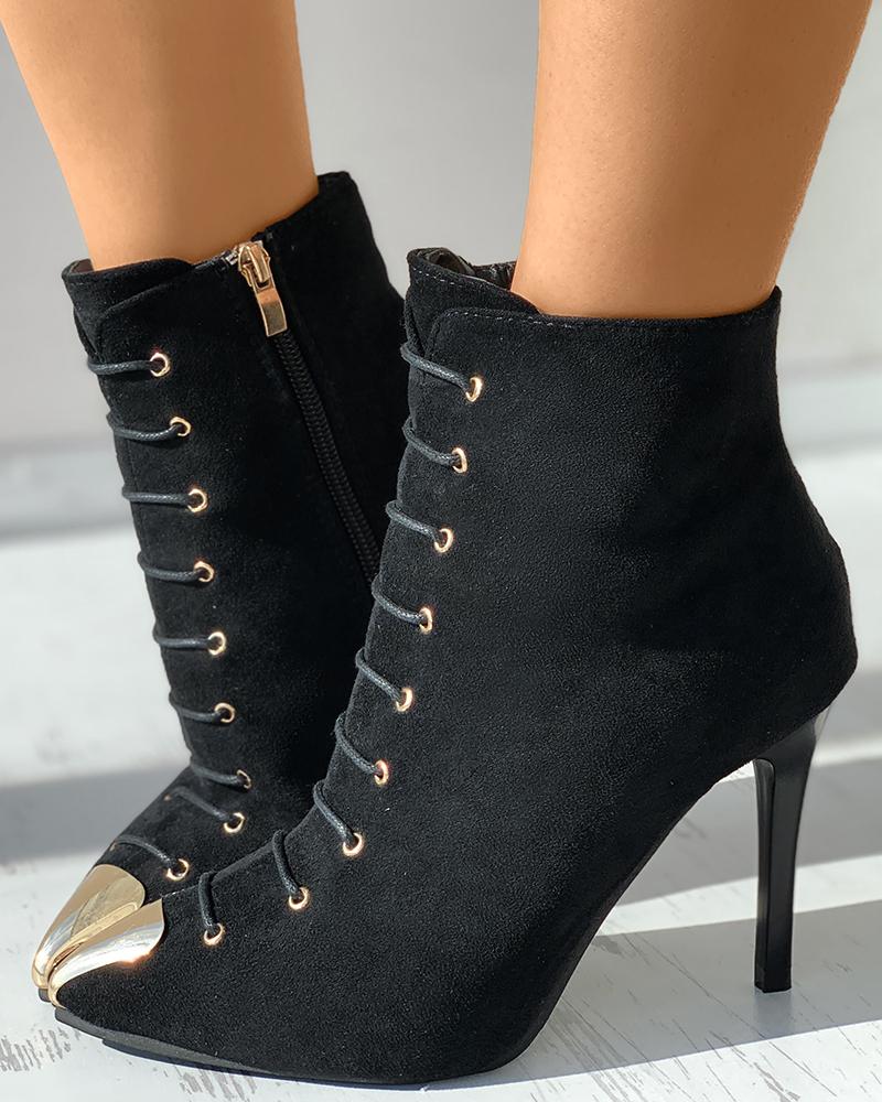 

Metal Decor Eyelet Pointed Toe Stiletto Heels, Black