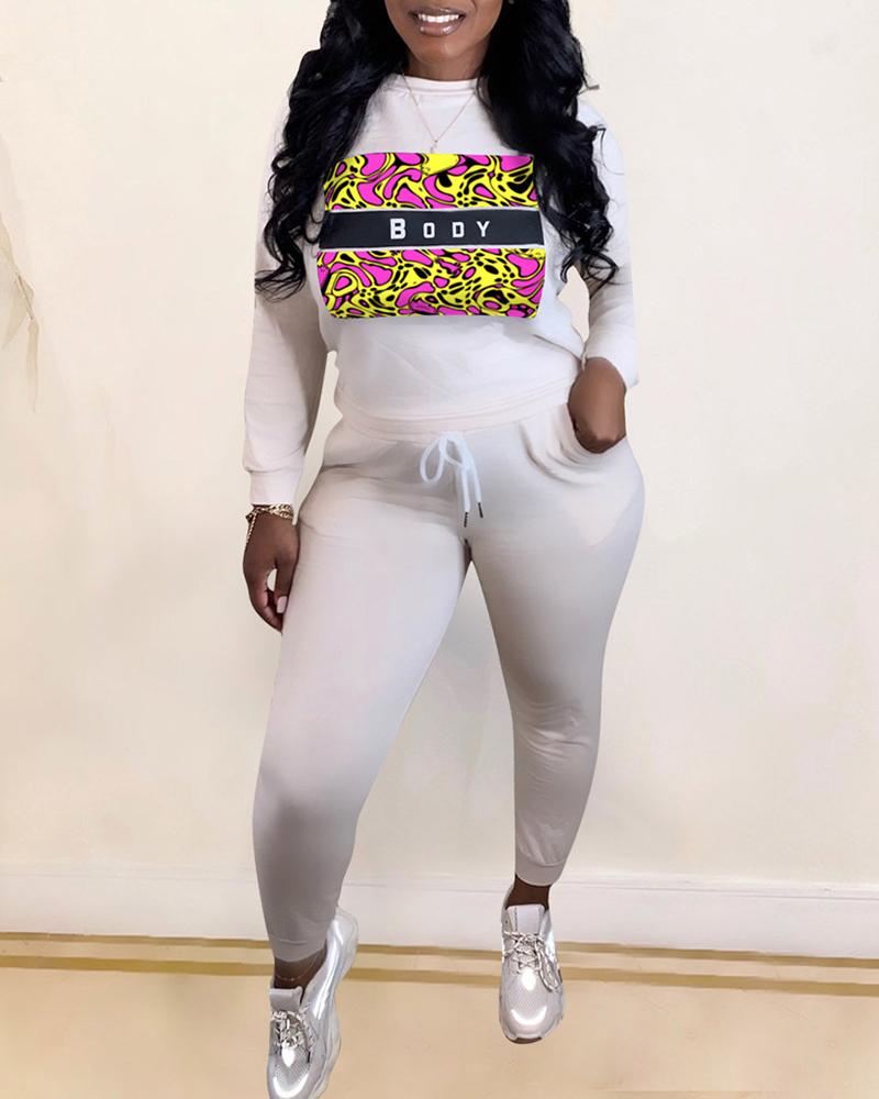 

Graphic Print Long Sleeve Sweatshirt & Drawstring Pants Set, White