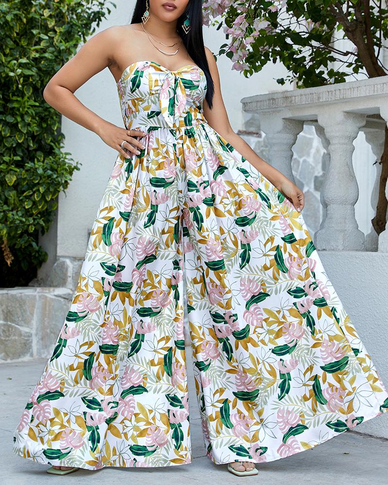 

Tropical Print Bandeau Wide Leg Jumpsuit, Multicolor
