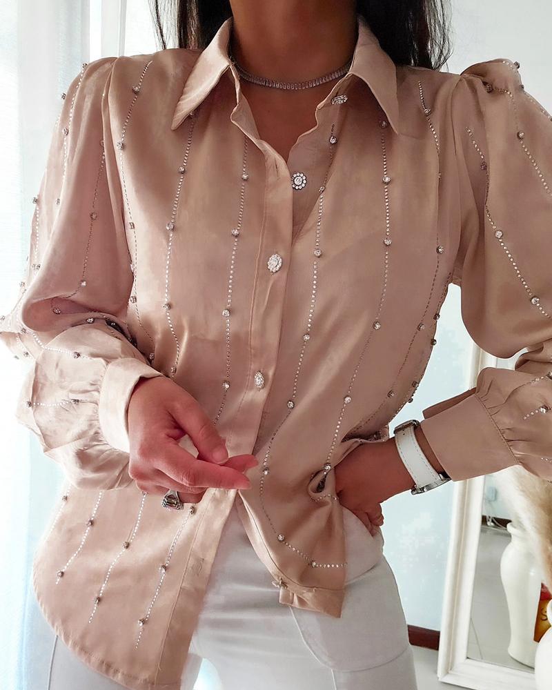 

Haut chemise à col rabattu et manches bouffantes avec strass, Khaki