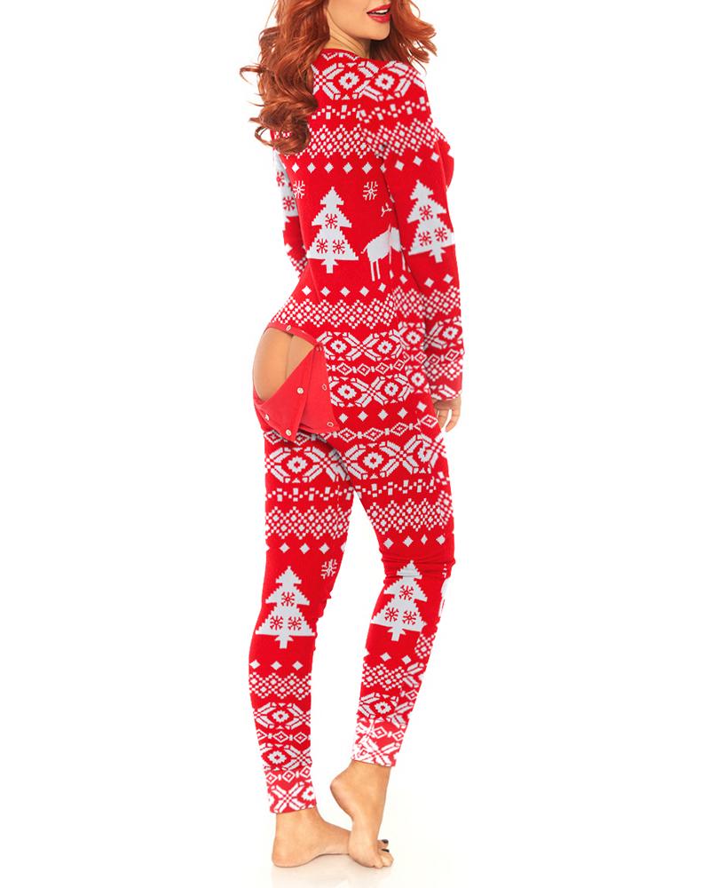 

Christmas Print Functional Buttoned Flap Adults Pajamas, Red