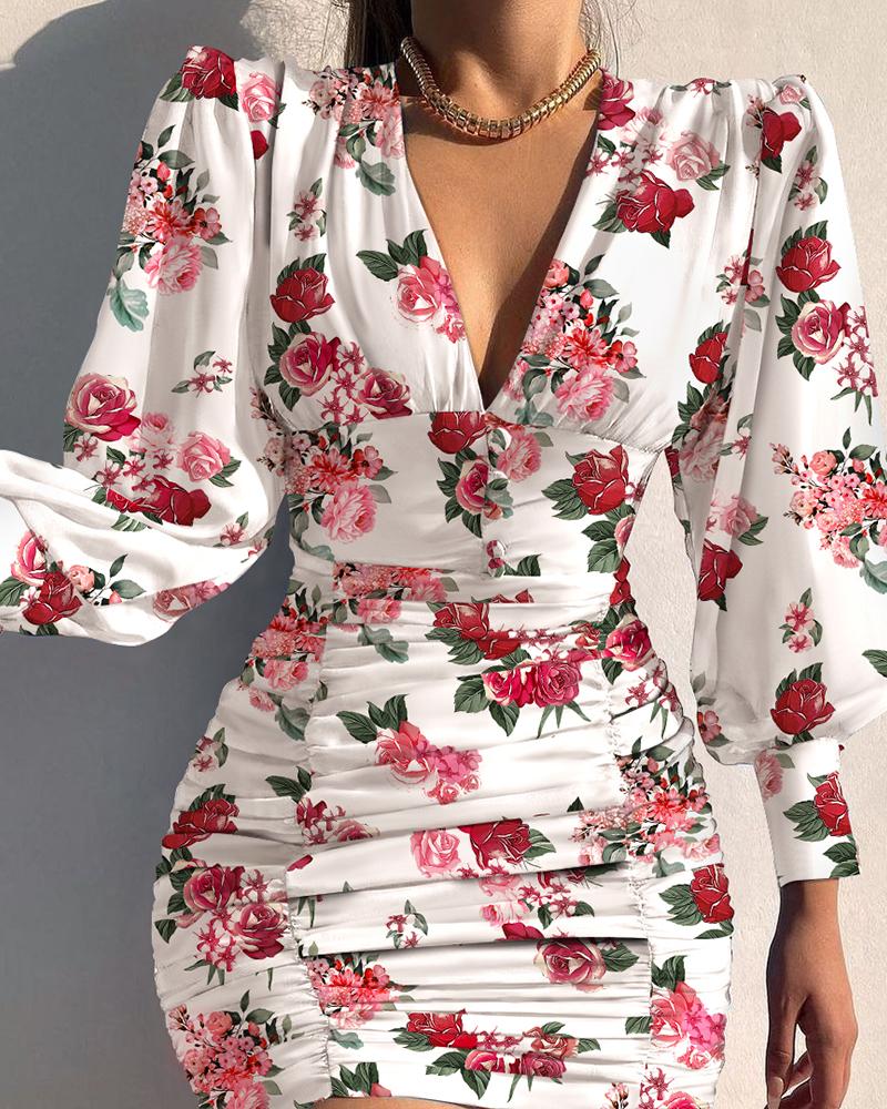

Puff Lantern Sleeve Floral Print Ruched Bodycon Dress, Multicolor