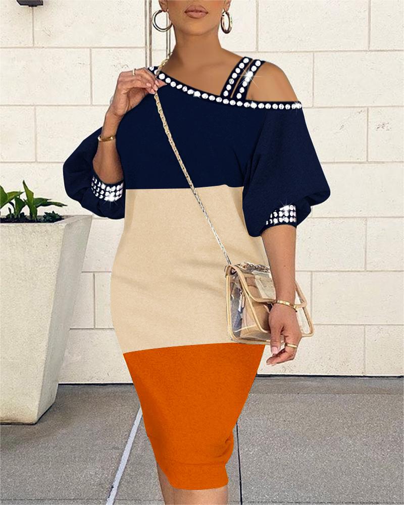 

Cold Shoulder Rhinestone Lantern Sleeve Colorblock Dress, Orange