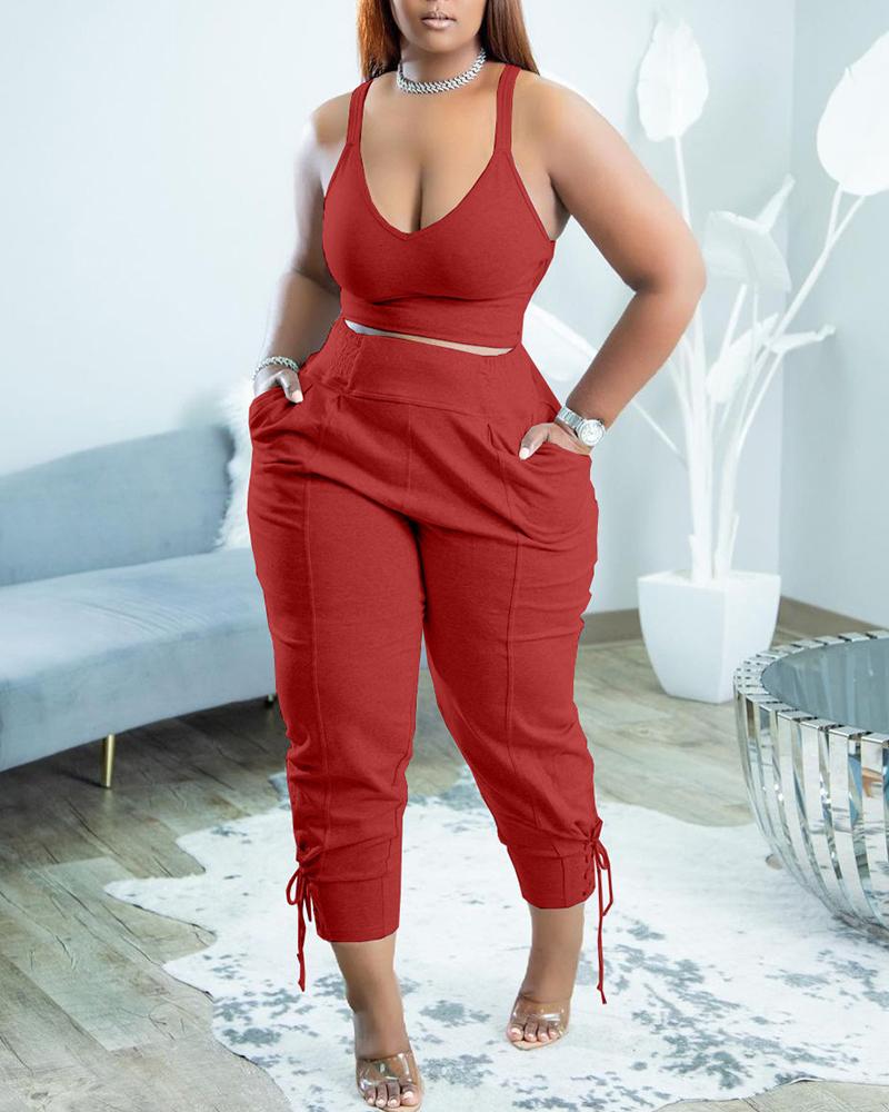 

Thin Strap Crop Top & Eyelet Lace-up Pants Set, Red