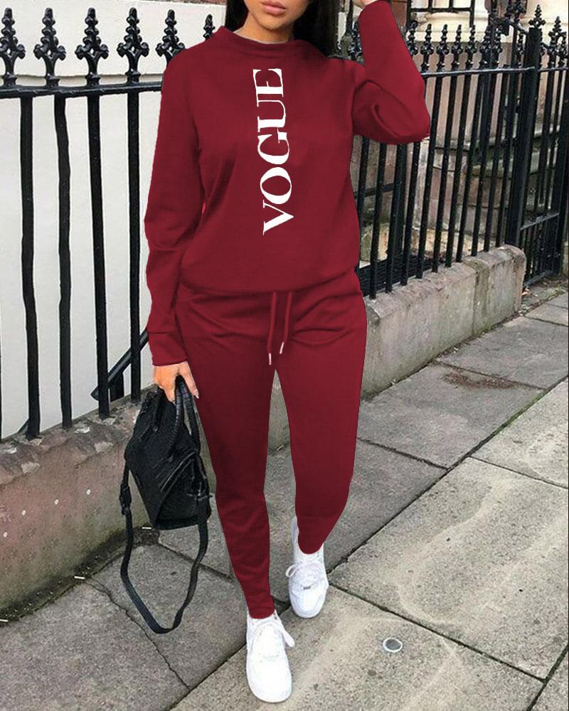 

Letter Print Long Sleeve Top & Drawstring Pants Set, Wine red