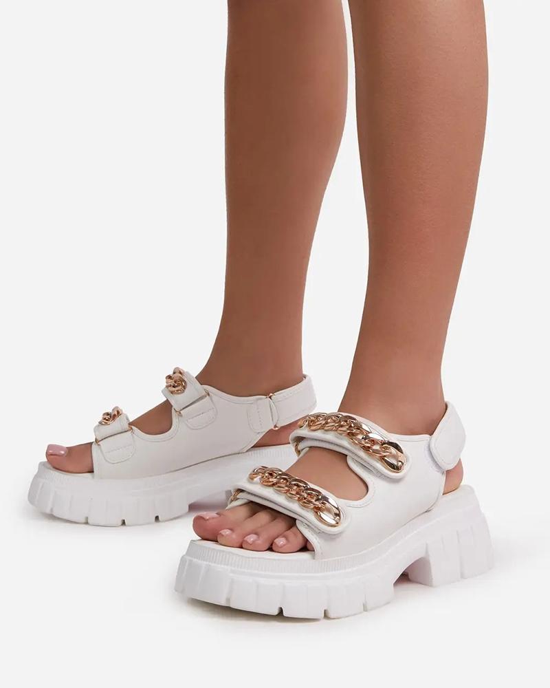 

Round-toe Solid Color Splicing Chain Platform Sandals, White