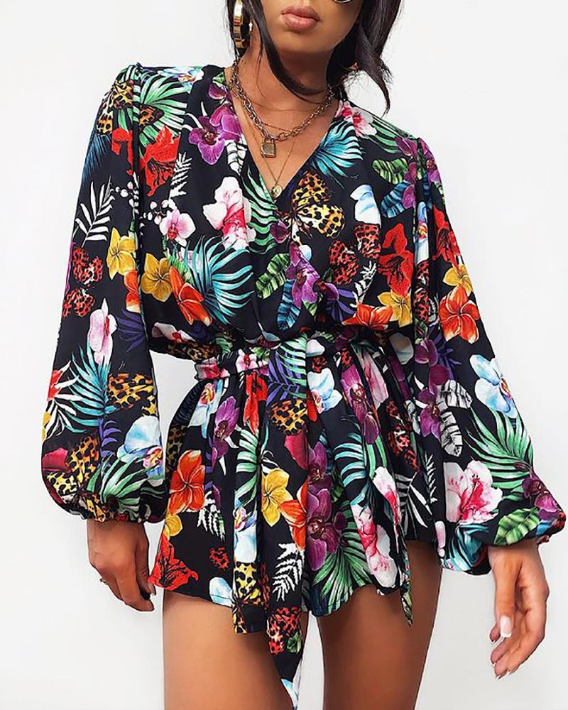 

Tropical Print Tied Detail Lantern Sleeve Romper, Black