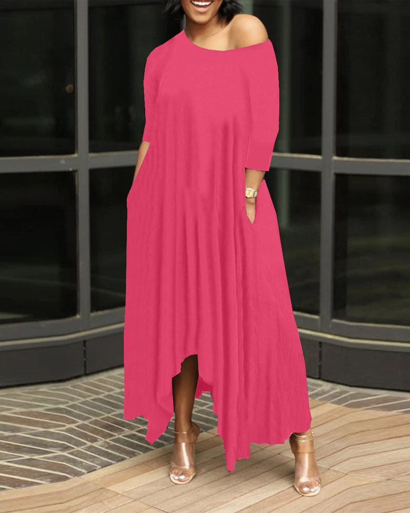 

Plus Size Pocket Detail Asymmetrical Maxi Dress, Hot pink