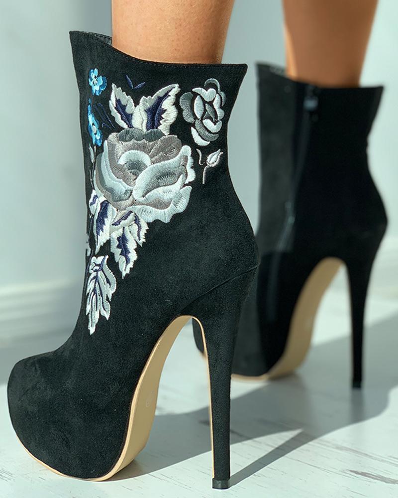 

Floral Embroidery Suede Stiletto Heel Boots, Black