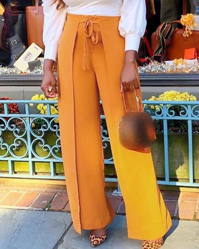 

High Waist Fake Two Pieces Wide Leg Pants, Dark yellow