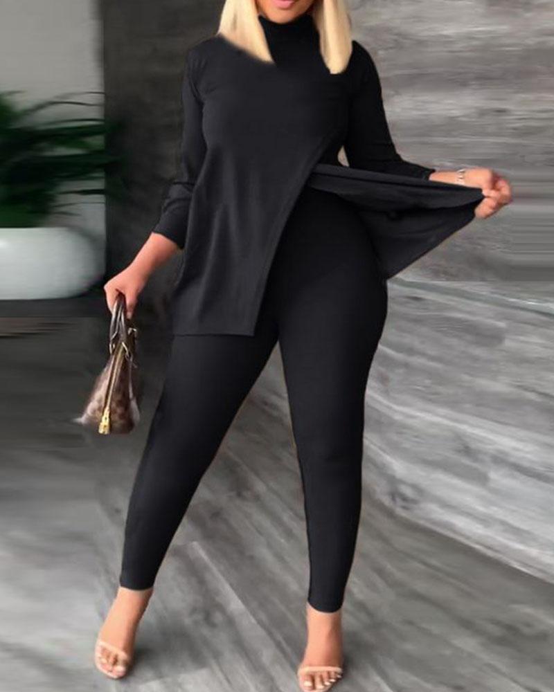 

Plus Size Split Hem Top & Pants Set, Black