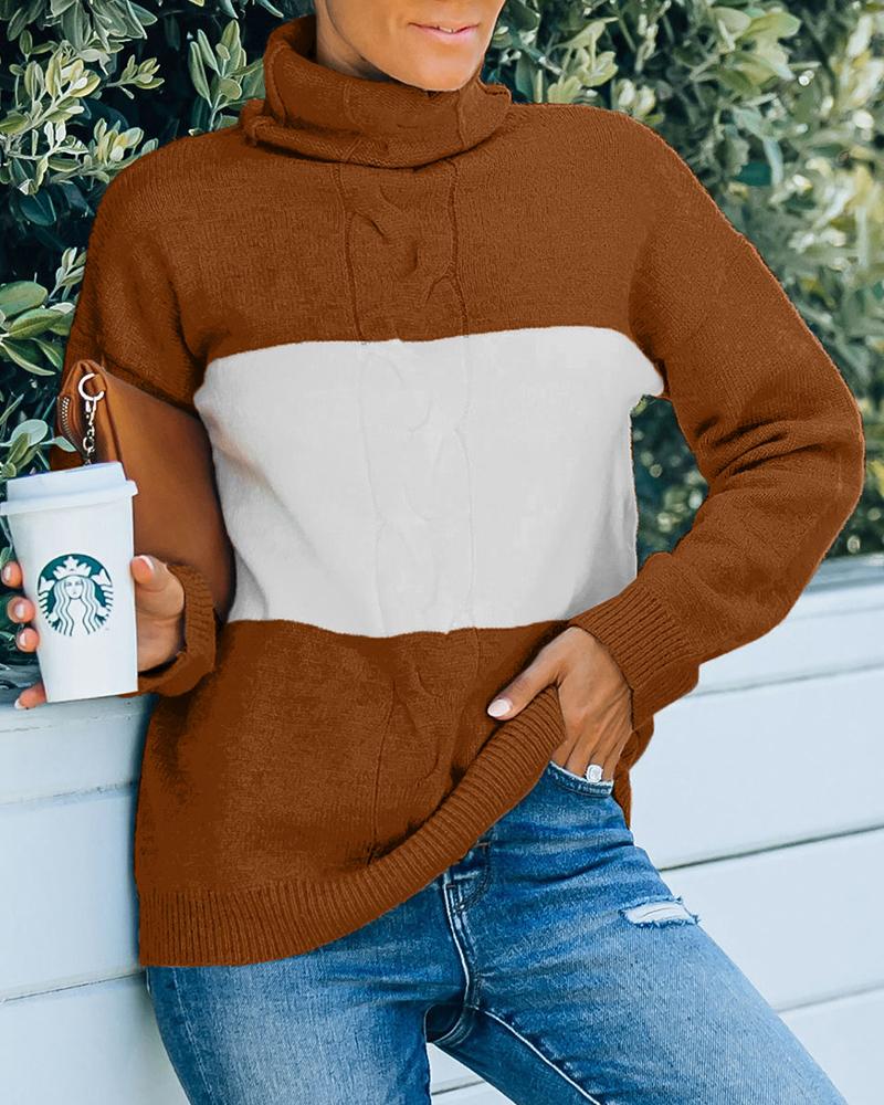 

Colorblock Turtleneck Long Sleeve Cable Knit Sweater, Coffee