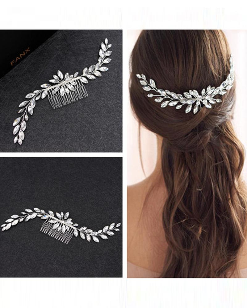 

1pc Bride Wedding Hair Comb Clip Rhinestone Leaf Side Combs Headpiece Bridal Hair Accessories, Silver