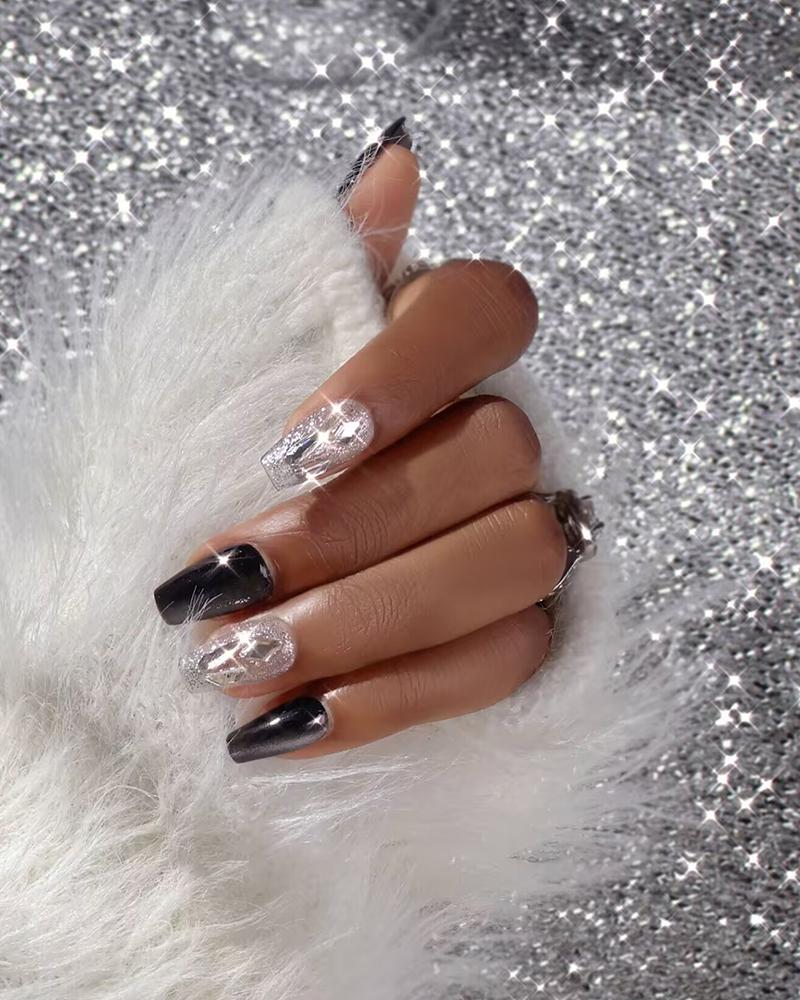 

Prensa corta sobre uñas con diamantes de imitación, estilo ojo de gato, plateado y negro, genial para el día a día, Gray