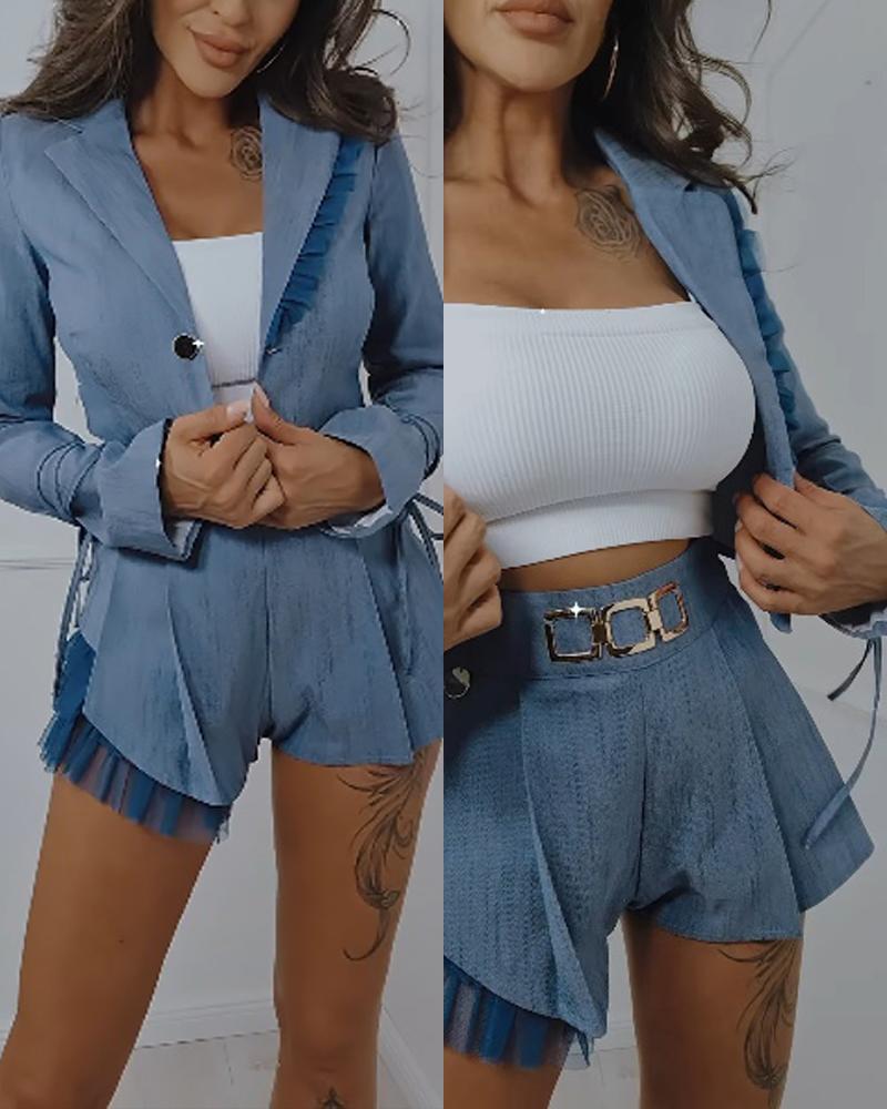 

Sheer Mesh Blazer Coat & Ruched Chain Detail Shorts Set, Blue