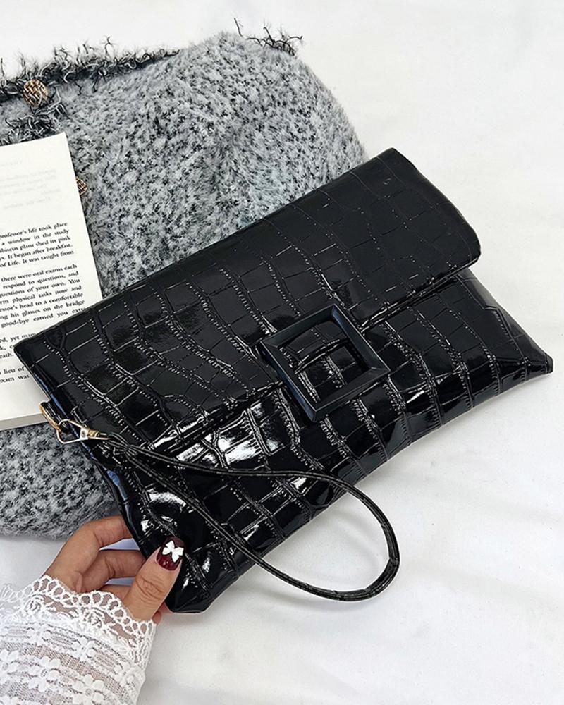 

Crocodile Buckled Flap Clutch Bag, Black