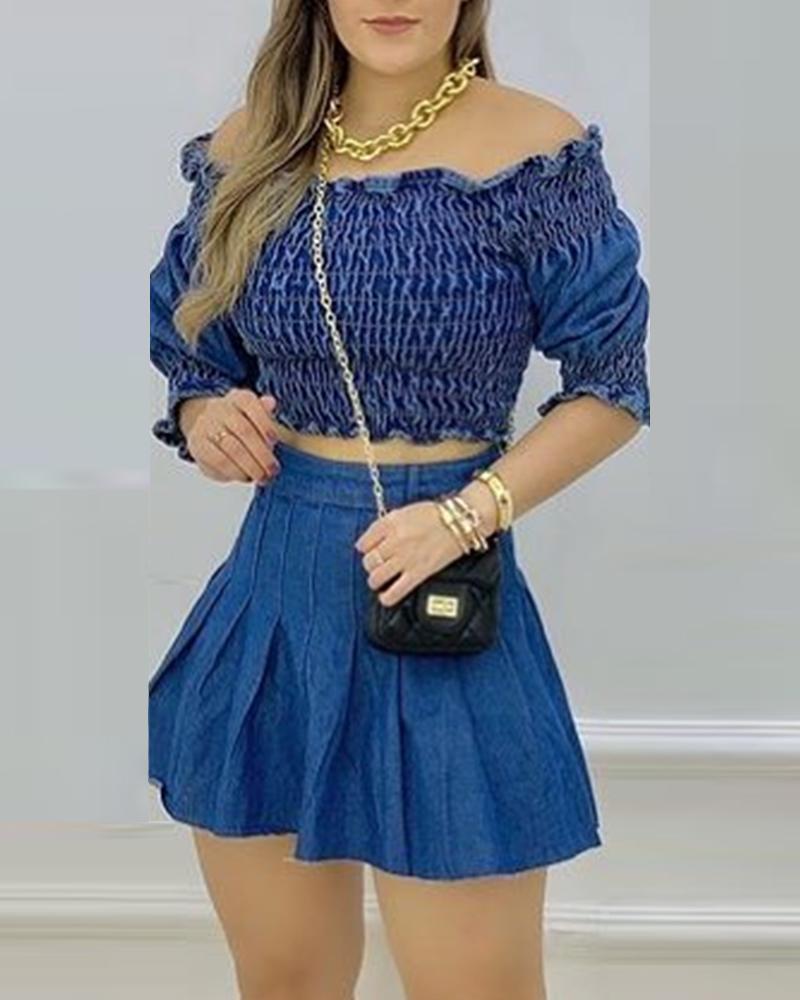 

Off Shoulder Shirred Denim Crop Top & Skirt Set, Blue