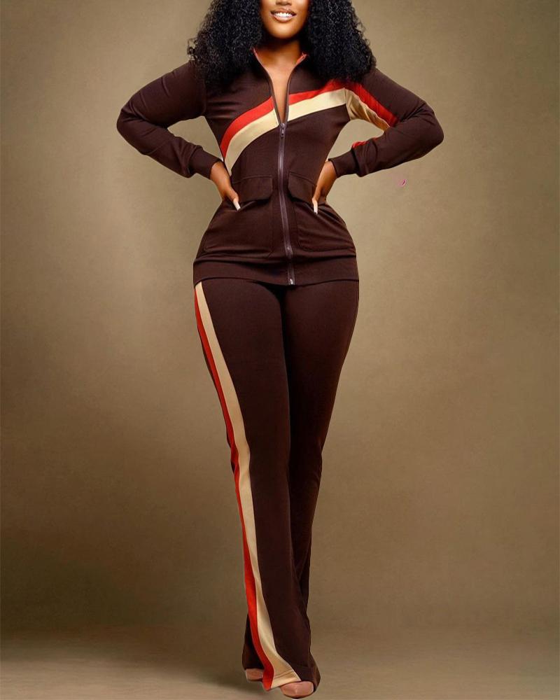 

Contrast Paneled Zip Up Top & Pants Set, Brown