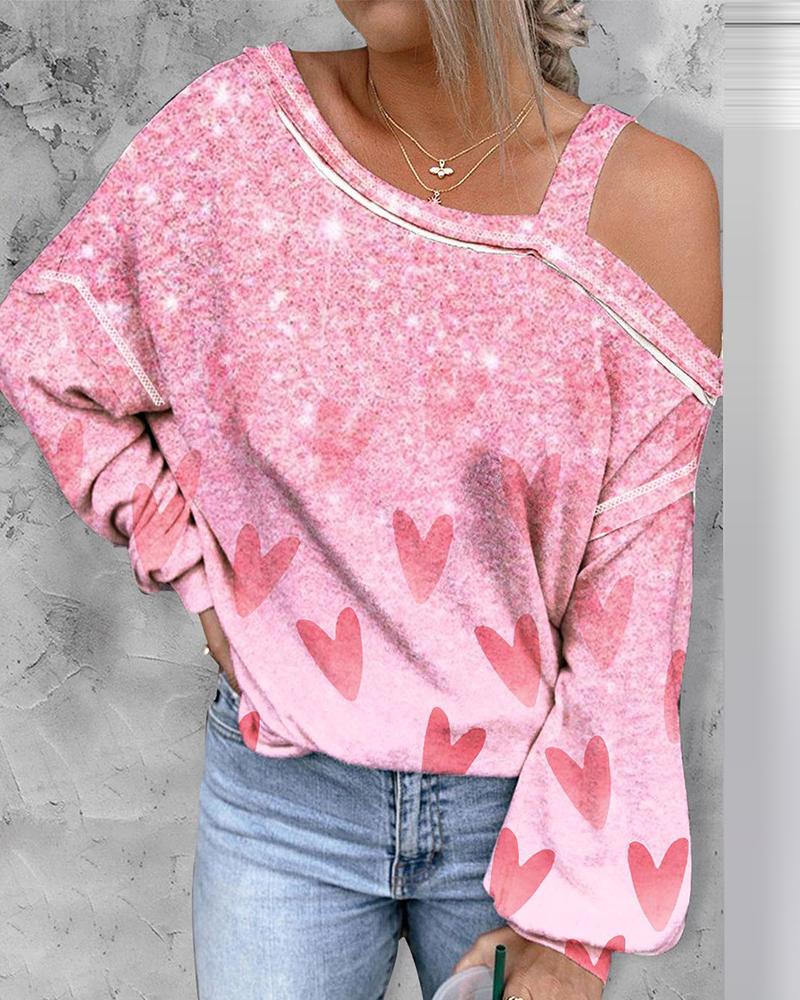 

Valentine' Day Heart Print Cold Shoulder Top, Pink