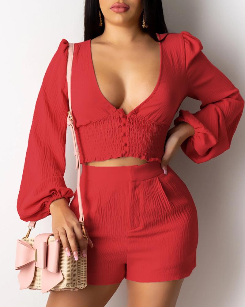 

Lantern Sleeve Buttoned Shirred Crop Top & Shorts Set, Wine red