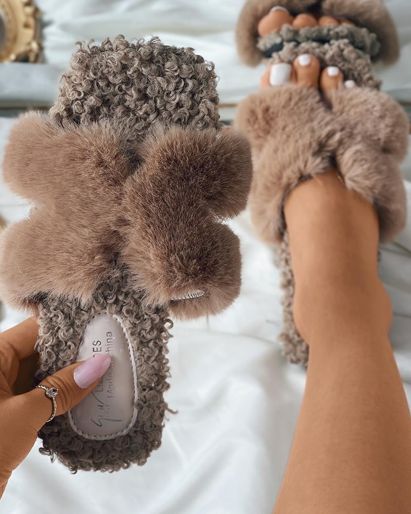 

Square Toe Cutout Fluffy Slippers, Khaki