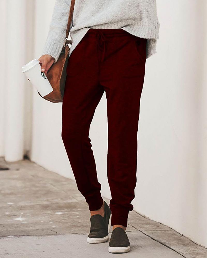 

Elastic Straps Casual Pants Feet Trousers, Wine red