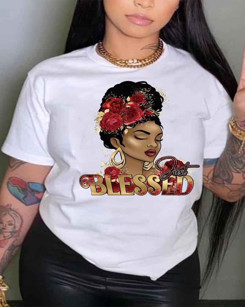 

Plus Size Just Blessed Figure Print Casual T-shirt, White